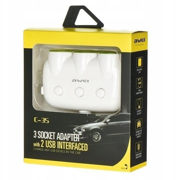 AWEI Rozdzielacz Samochodowy 2xUSB 3 Gniazda Sam