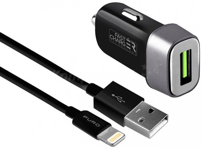 Puro Mini Car Fast Charger 1x USB 2.4A + kabel lightning MFi 1,4 m czarny (FCMCHUSBAPLT24CBLK)