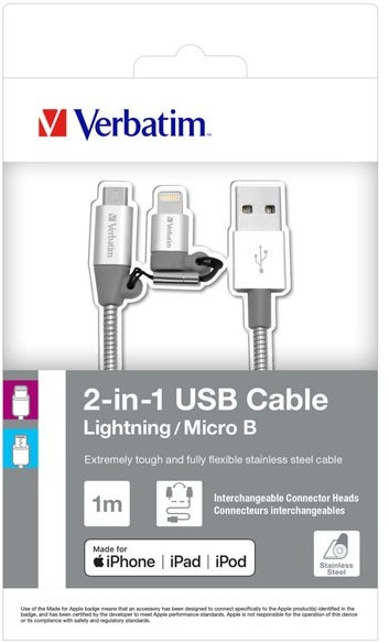 Verbatim Red Fighter Kabel USB 2.0 USB A M USB micro M 1m srebrny box 48869 regulowana końcówka Lightning KUALMRX10S0E