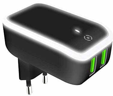 Celly Ładowarka sieciowa z 2 portami USB ze światłem LED, szybkie ładowanie 2,4 A, podwójna, uniwersalna, czarna TC2USBLEDBK
