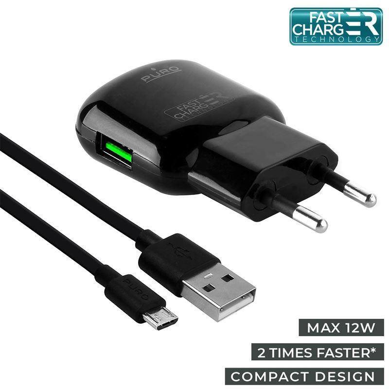 PURO Mini Travel Fast Charger - Ładowarka sieciowa USB + kabel micro USB 1 m, 2.4 A, 12 W (czarny) b2btrade-11783-0