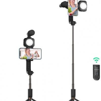 BlitzWolf Statyw tripod Selfie stick BlitzWolf BW-BS15 z lampą i mikrofonem