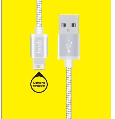 BUDI Kabel Lightning w metalowej obudowie i oplocie 1m srebrny BD172