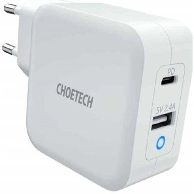 CHOETECH Ładowarka sieciowa CHOETECH PD8002 GaN 2 x USB/USB-C Power Delivery 3.0 65W 5.4A Biały