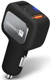 Connect IT Zasilacz samochodowy InCarz 2x USB 2,4A) 1x USB-C 3A) s funkcí rychlonabíjení QC 3.0 CCC-6010-BK) Czarna