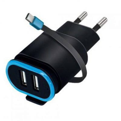Forever TC-02 2xUSB 2.4A + kabel USB-C czarna