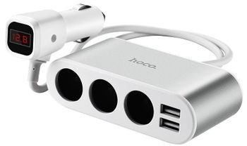HOCO Ładowarka Samochodowa Rozdzielacz Do Gniazda Zapalniczki 3X + 2Xusb 2.1A Wyświetlacz Napięcia Akumulatora Lcd Z13 Biały GTIN13