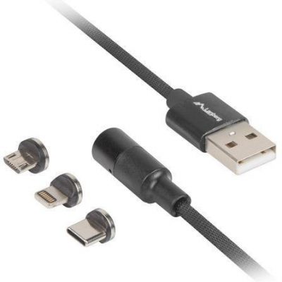 LANBERG Kabel USB 2.0 Lanberg USB-A - micro USB-B + Lightning + USB type-C M/M combo QC 3.0 magnetyczny 1m czarny CA-3IN1-20CU-0010-BK