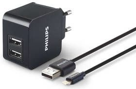 Philips Ładowarka do sieci DLP2307V 2x USB 3,1A + Lightning kabel Phil-DLP2307V/12) Czarna