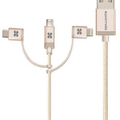 Promate Kabel USB 2.0 USB A M Lightning M + USB C M + MicroUSB M 1.2m okrągły złoty Oplot Trio KUAMXTX12Z01