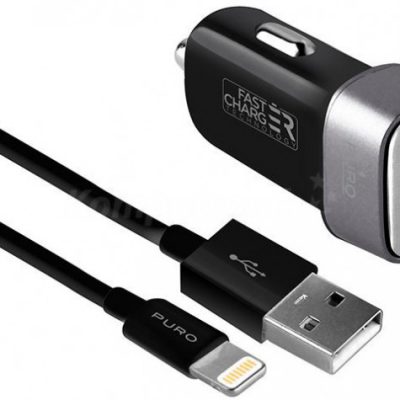 Puro Mini Car Fast Charger 1x USB 2.4A + kabel lightning MFi 1,4 m czarny (FCMCHUSBAPLT24CBLK)