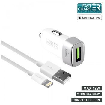 PURO Mini Car Fast Charger Ładowarka samochodowa 5 V 2.4 A 12 W + kabel Lightning MFi biały) FCMCHUSBAPLT24CWHI