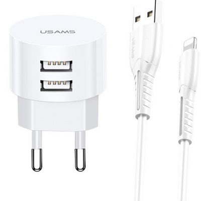 USAMS USAMS Ład. siec. 2xUSB T20 2,1A lightnin g biały/white round Fast Charging XTXLOGT1804