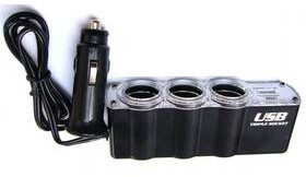 WG Zasilacz samochodowy 3x 12V + USB s prodloužením 2293) Czarny